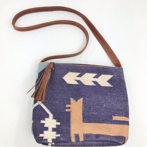Kilim Purple Blue Tribal Ethnic Rug Design India Leather Strap Shoulder Bag